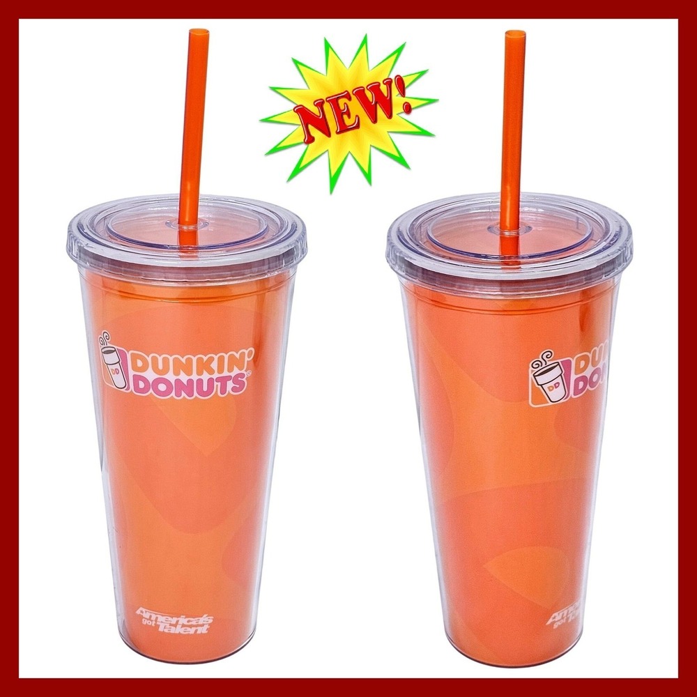 Dunkin Donuts Americas Got Talent Tumbler Cup‎ Straw Orange Swirl 24oz 2017 AGT